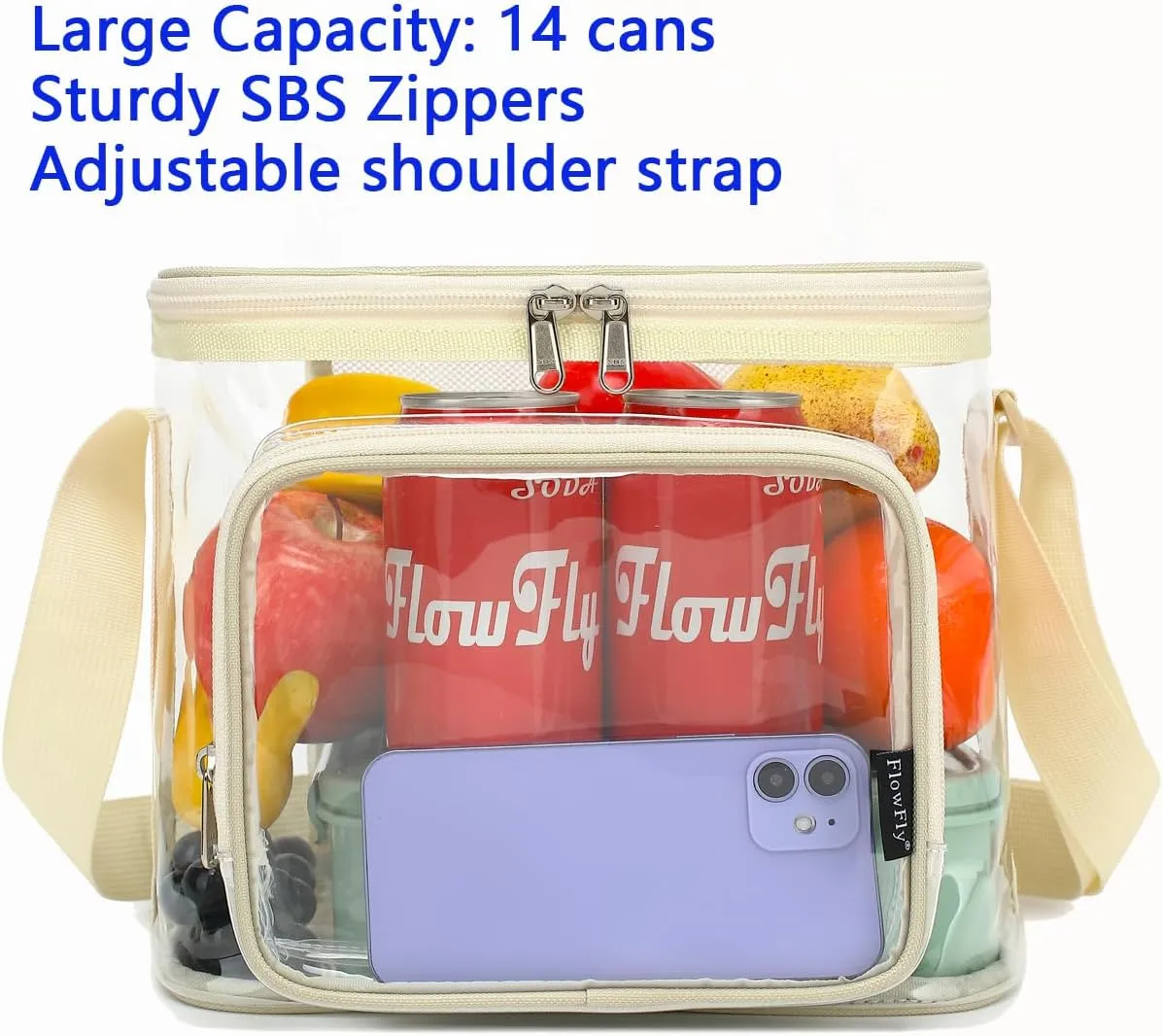 FlowFly Insulated Reusable Lunch Bag Adult Large Lunch Box for Women and Men with Adjustable Shoulder Strap,Front Zipper Pocket and Dual Large Mesh Side Pockets,Clear#Biege
