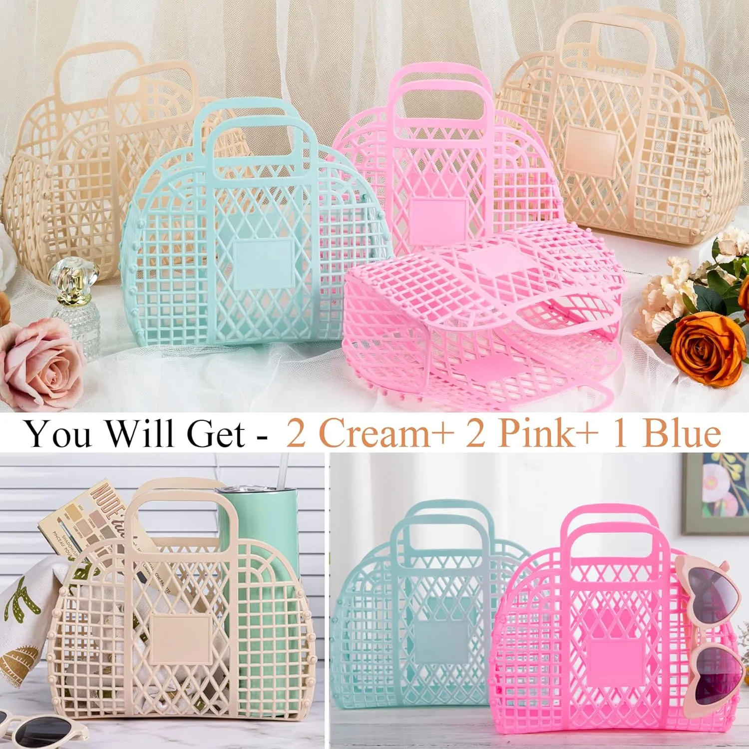 Flycalf Jelly Purse Bag Set of 5 for Girls Boys Portable Handbag Retro Style Reusable Baby Shower Tote Pool Boat Storage