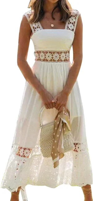 Flygo Women's Boho Lace Maxi Dress Backless Square Neck Swing Party Beach Dresses
