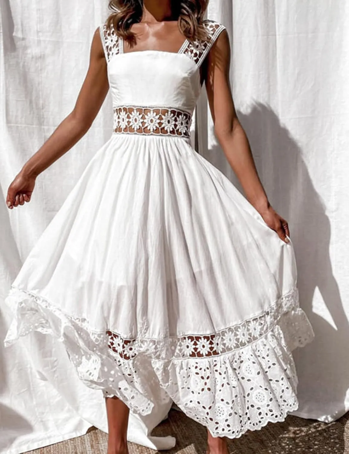 Flygo Women's Boho Lace Maxi Dress Backless Square Neck Swing Party Beach Dresses