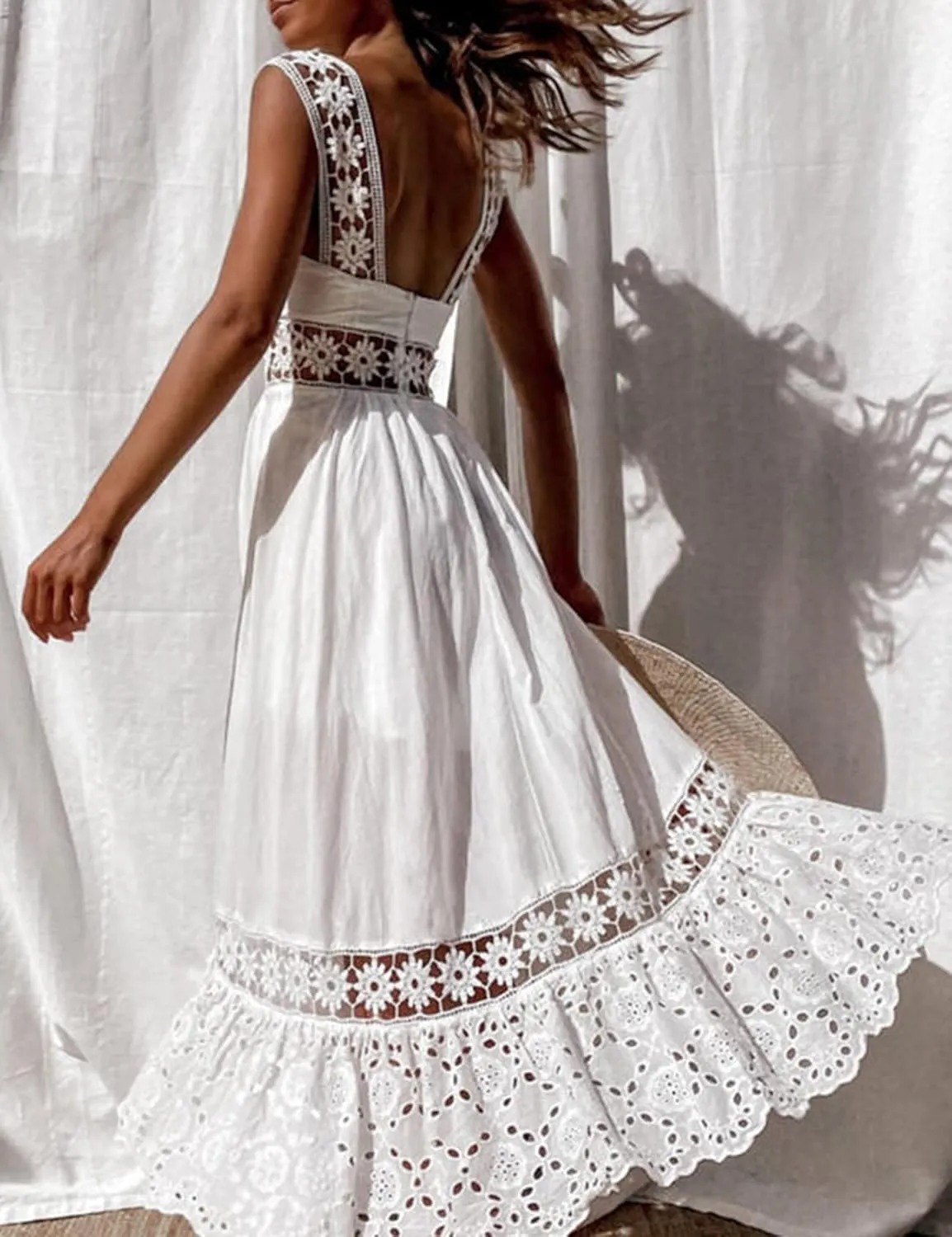 Flygo Women's Boho Lace Maxi Dress Backless Square Neck Swing Party Beach Dresses