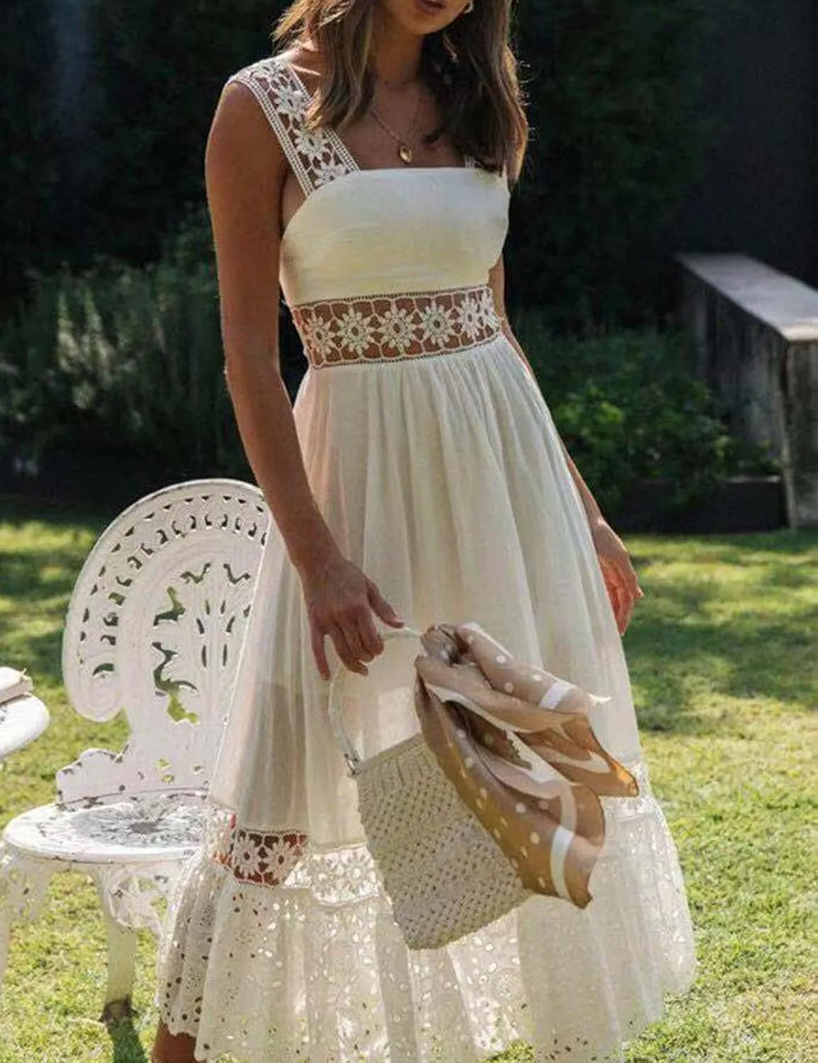 Flygo Women's Boho Lace Maxi Dress Backless Square Neck Swing Party Beach Dresses