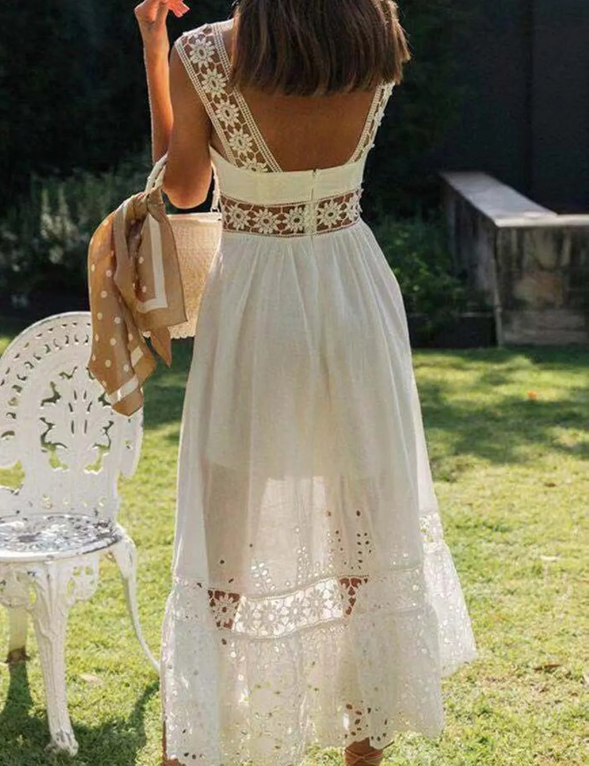 Flygo Women's Boho Lace Maxi Dress Backless Square Neck Swing Party Beach Dresses