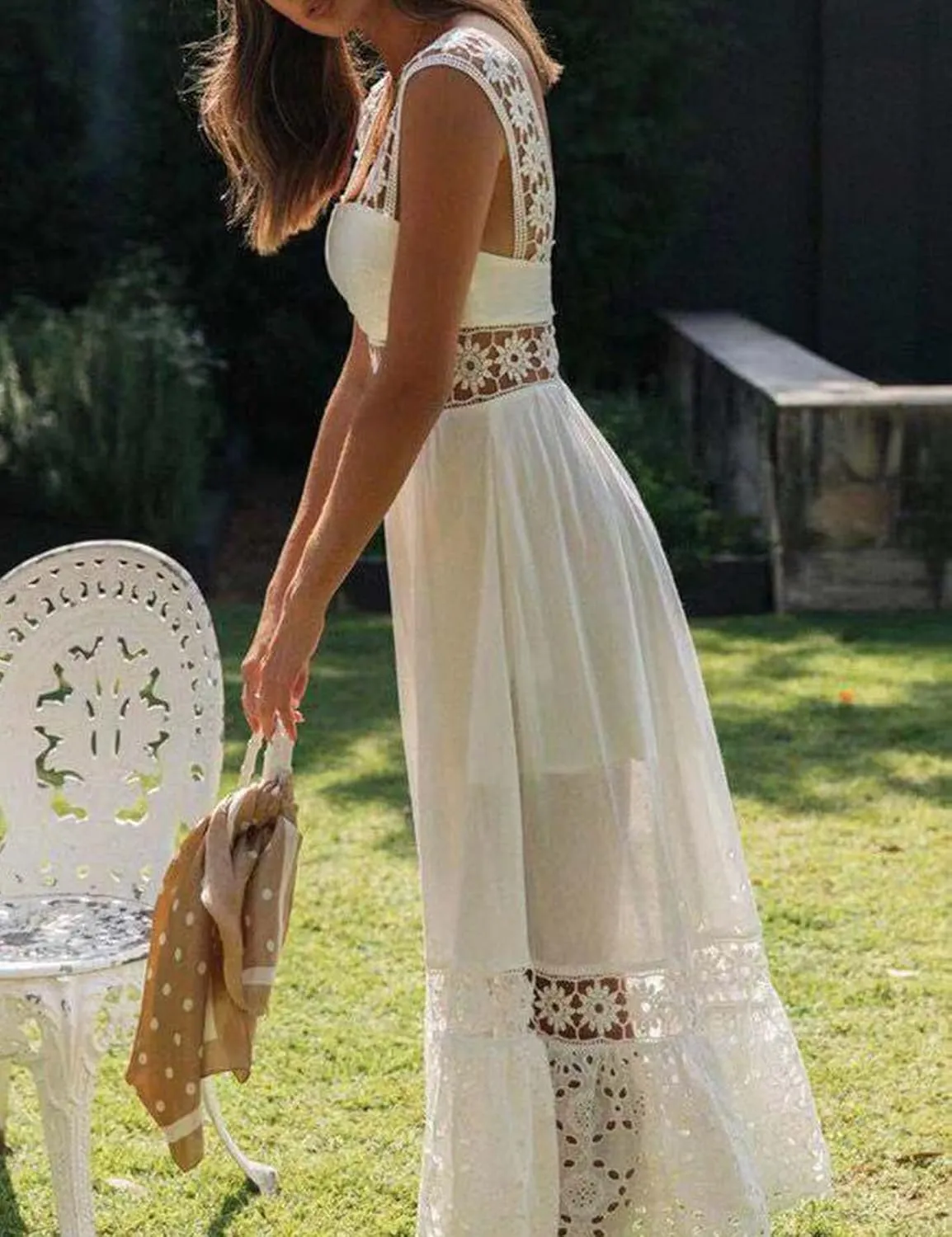 Flygo Women's Boho Lace Maxi Dress Backless Square Neck Swing Party Beach Dresses