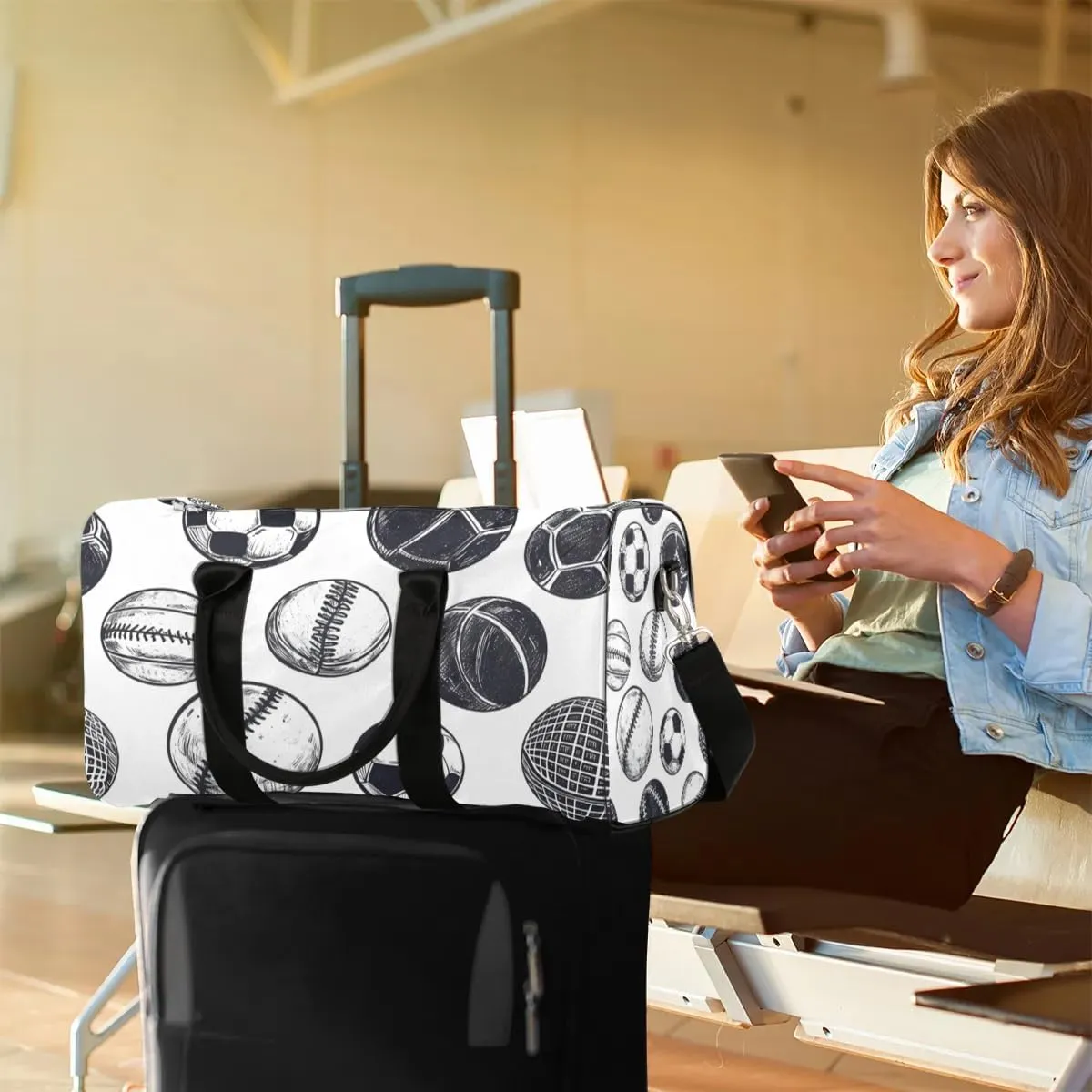 Football Basketball Baseball Travel Duffel Bag for Women Men Waterproof Foldable Overnight Weekender Bag Large Capacity Sports Gym Bag
