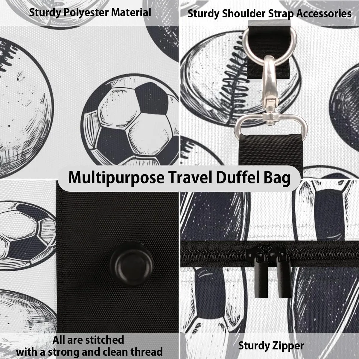 Football Basketball Baseball Travel Duffel Bag for Women Men Waterproof Foldable Overnight Weekender Bag Large Capacity Sports Gym Bag