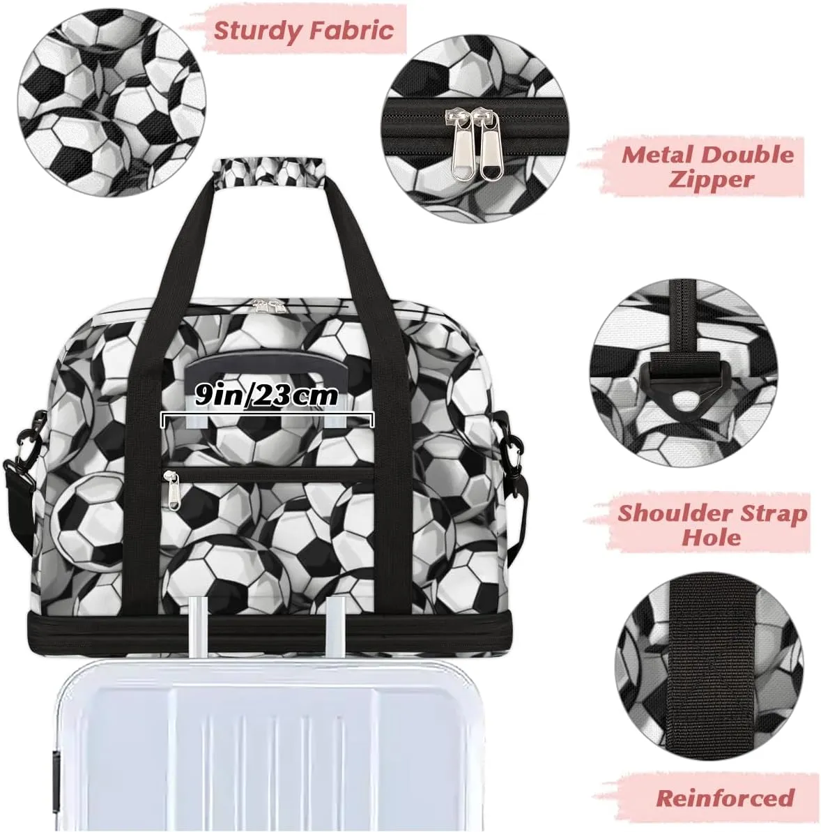 Footballs Foldable Duffle Bag with Shoes Compartment Large Capacity Waterproof Travel Weekender Bag Overnight Bag for Sports Gym