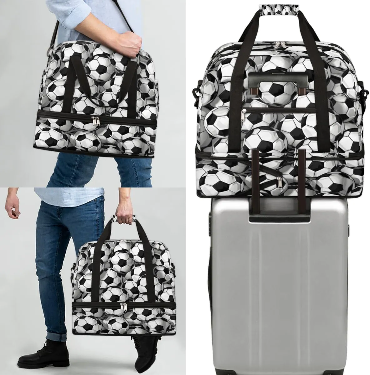 Footballs Foldable Duffle Bag with Shoes Compartment Large Capacity Waterproof Travel Weekender Bag Overnight Bag for Sports Gym