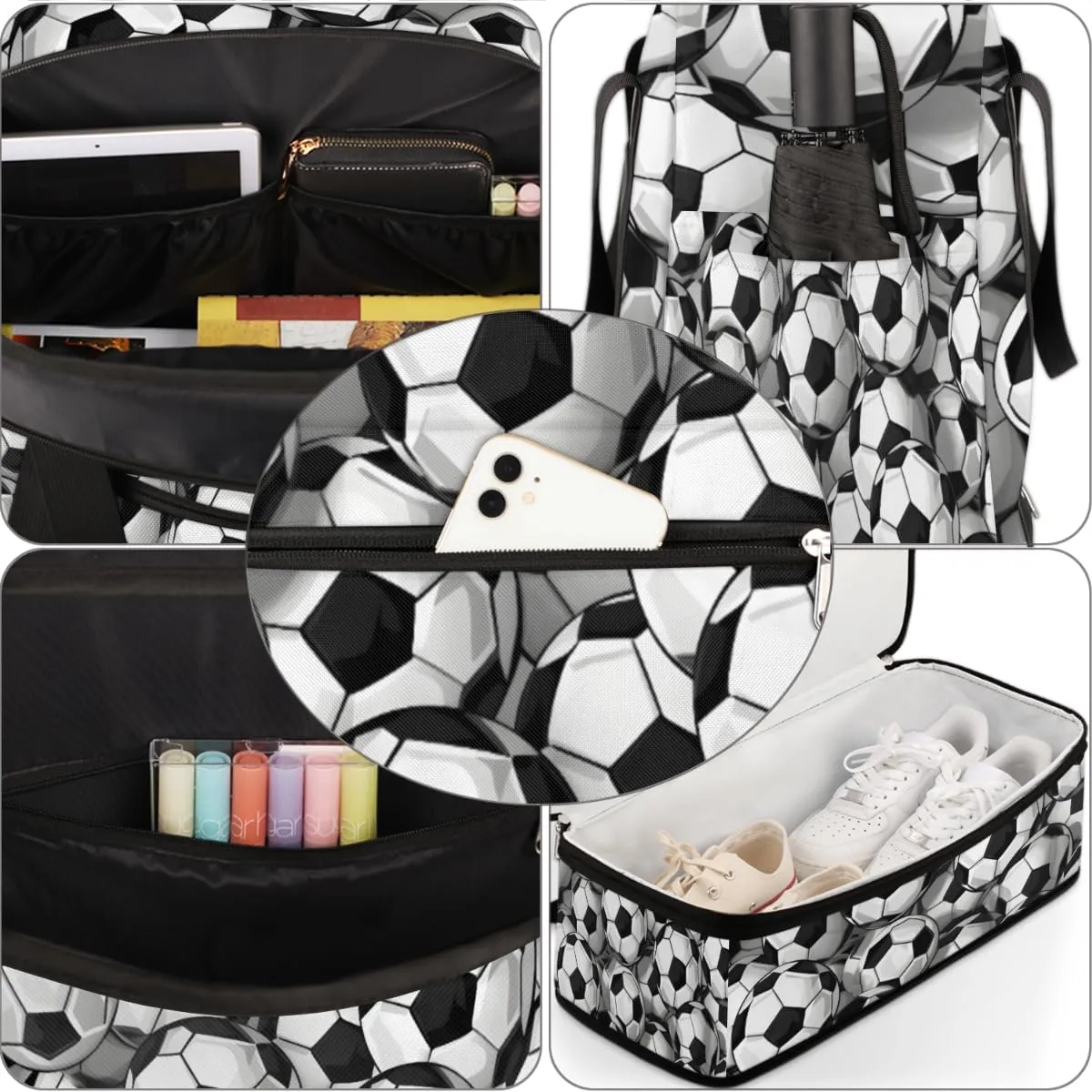 Footballs Foldable Duffle Bag with Shoes Compartment Large Capacity Waterproof Travel Weekender Bag Overnight Bag for Sports Gym