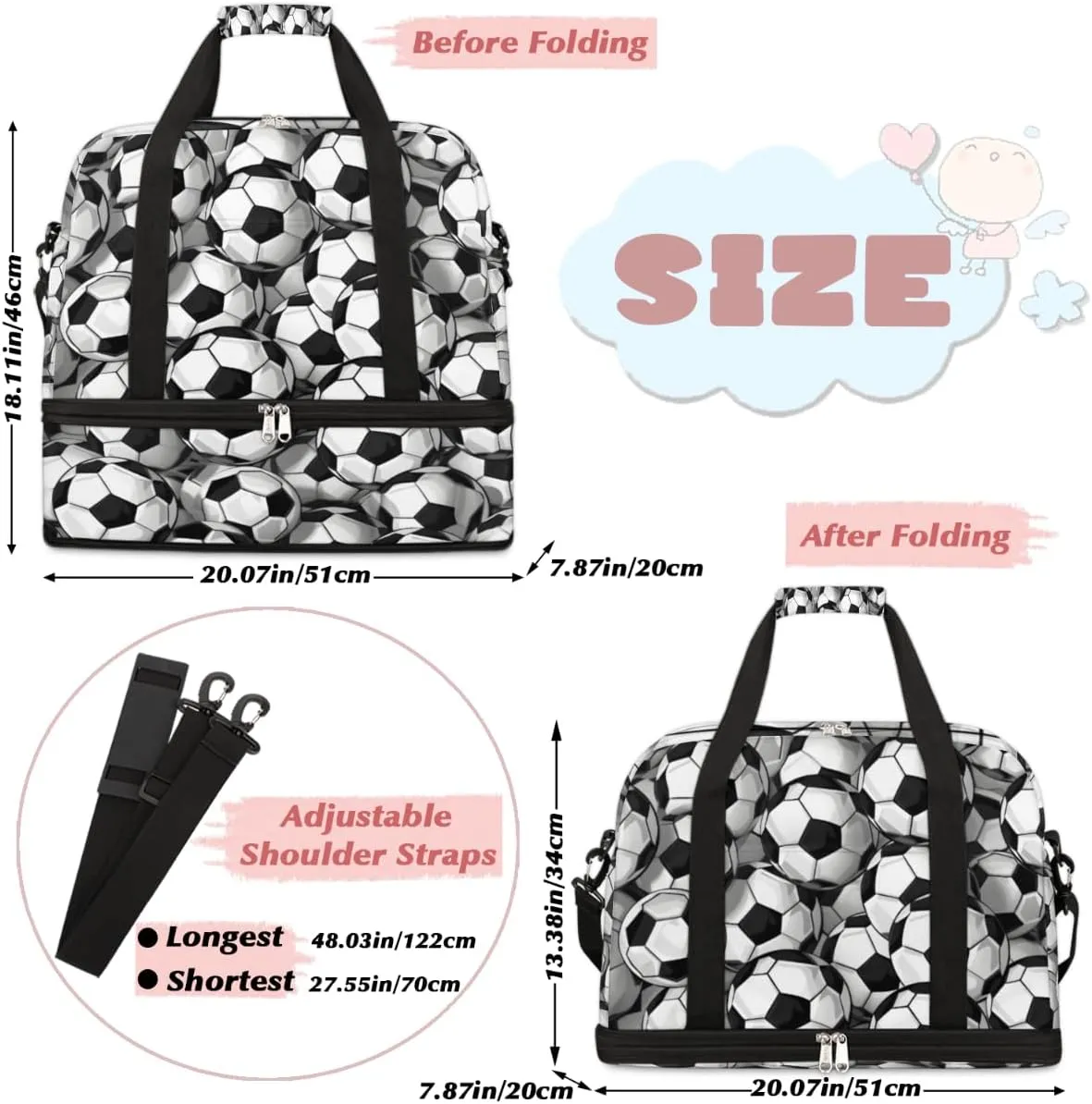 Footballs Foldable Duffle Bag with Shoes Compartment Large Capacity Waterproof Travel Weekender Bag Overnight Bag for Sports Gym