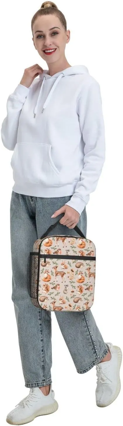 Forest Little Animals Lunch Bag Insulated Portable Reusable Deer Squirrel Fox Hedgehog And Bird Lunch Box With Zipper For Picnic Work Office Travel School