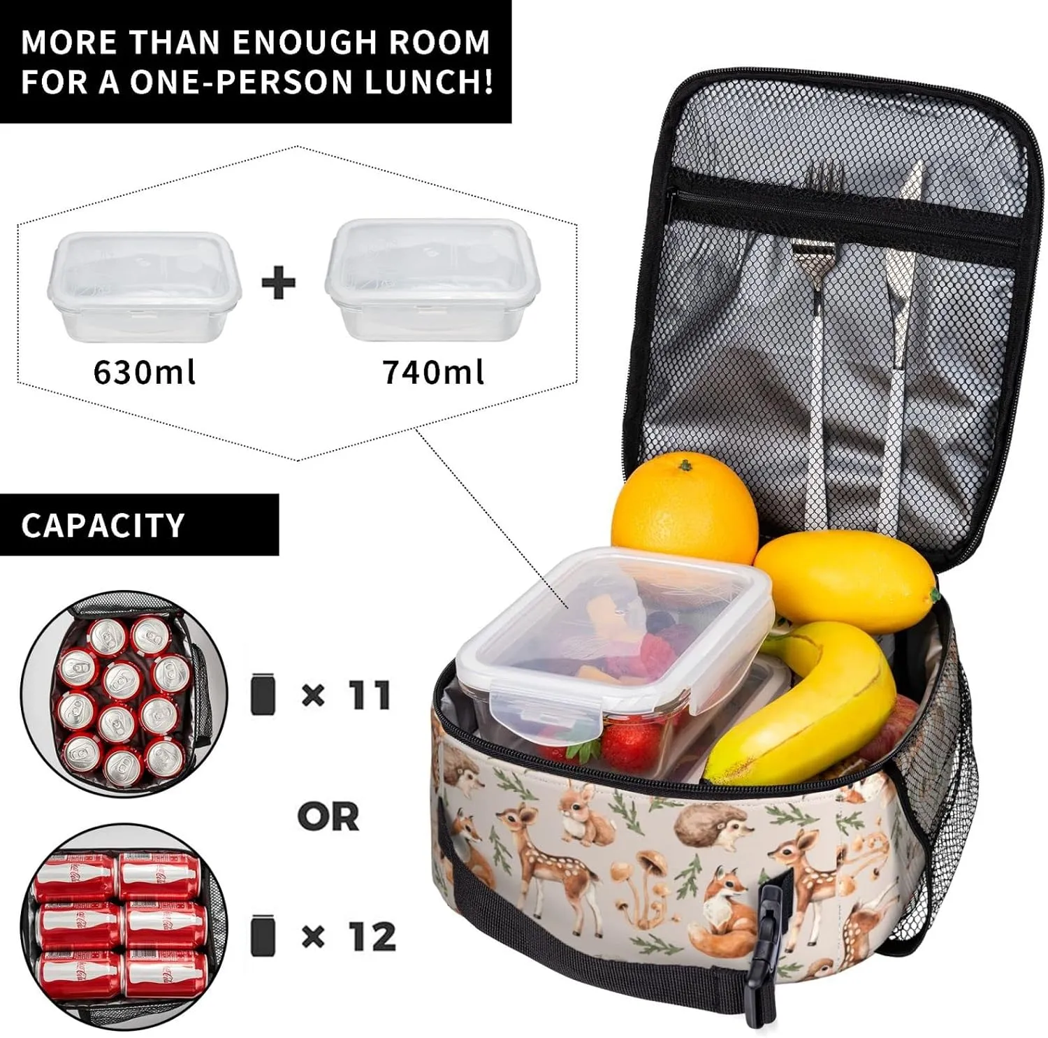 Forest Little Animals Lunch Bag Insulated Portable Reusable Deer Squirrel Fox Hedgehog And Bird Lunch Box With Zipper For Picnic Work Office Travel School