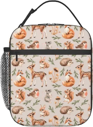 Forest Little Animals Lunch Bag Insulated Portable Reusable Deer Squirrel Fox Hedgehog And Bird Lunch Box With Zipper For Picnic Work Office Travel School