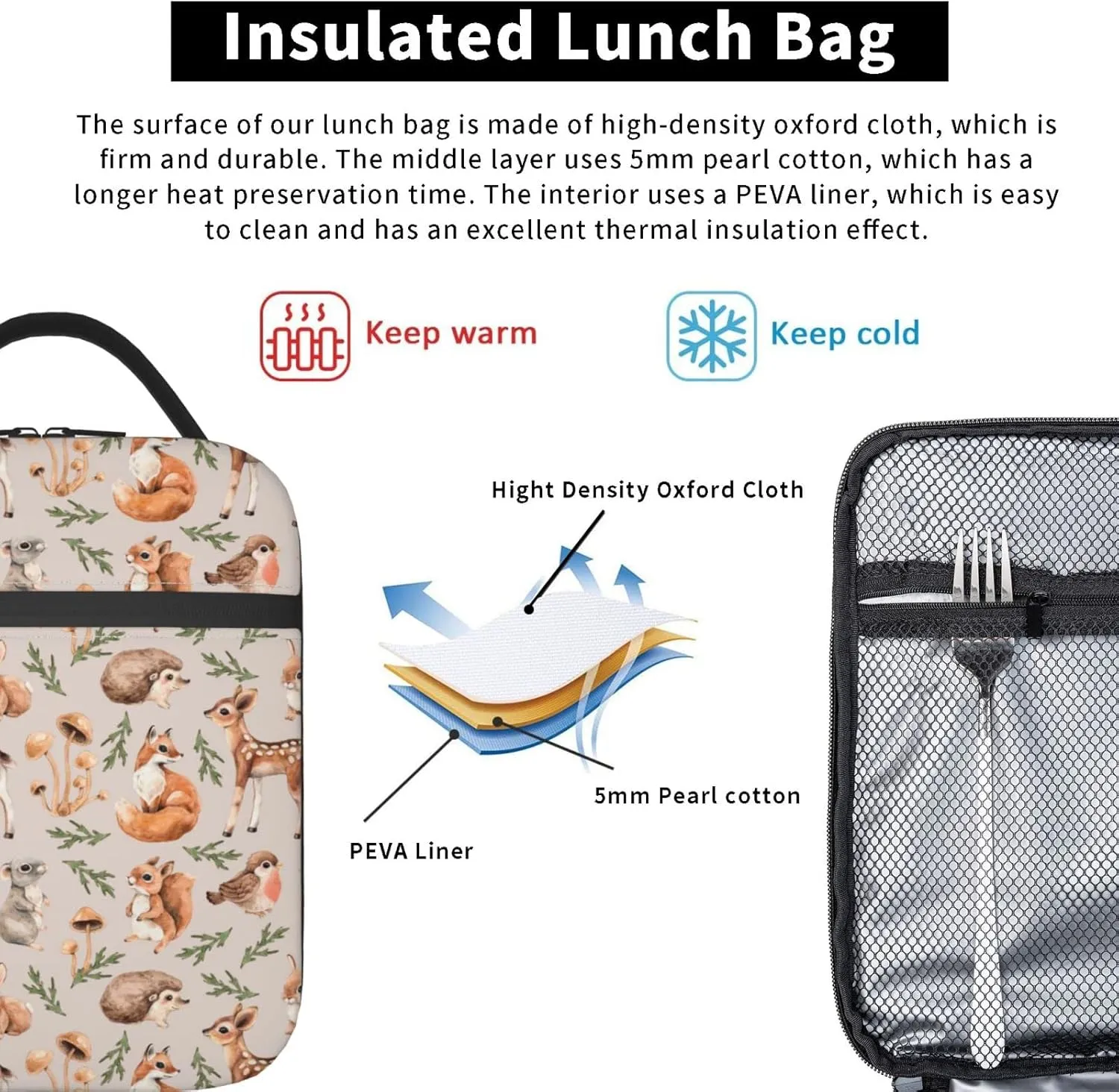 Forest Little Animals Lunch Bag Insulated Portable Reusable Deer Squirrel Fox Hedgehog And Bird Lunch Box With Zipper For Picnic Work Office Travel School