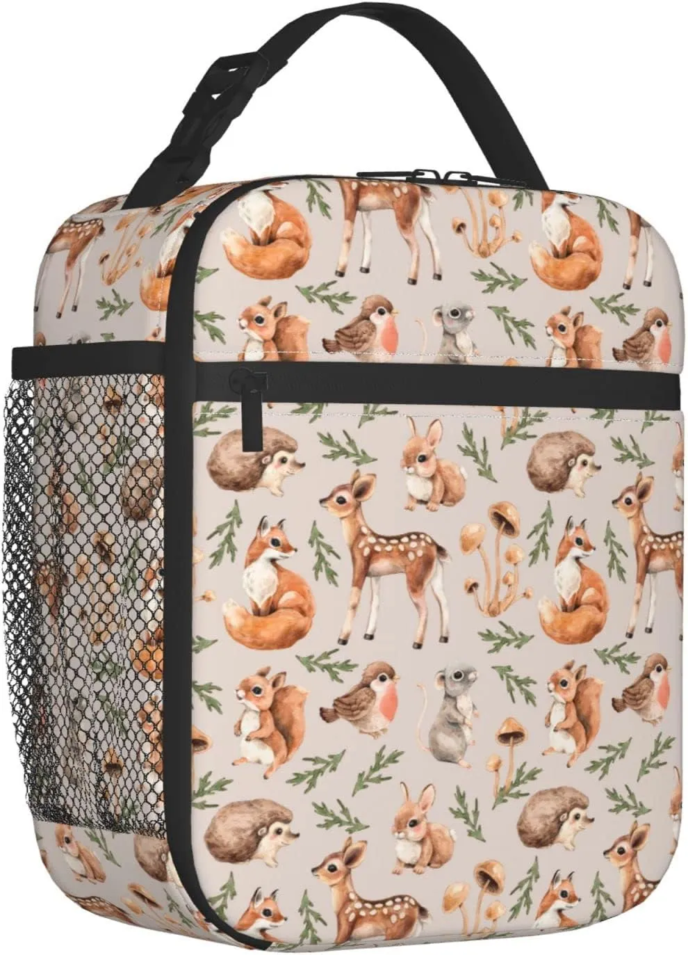 Forest Little Animals Lunch Bag Insulated Portable Reusable Deer Squirrel Fox Hedgehog And Bird Lunch Box With Zipper For Picnic Work Office Travel School