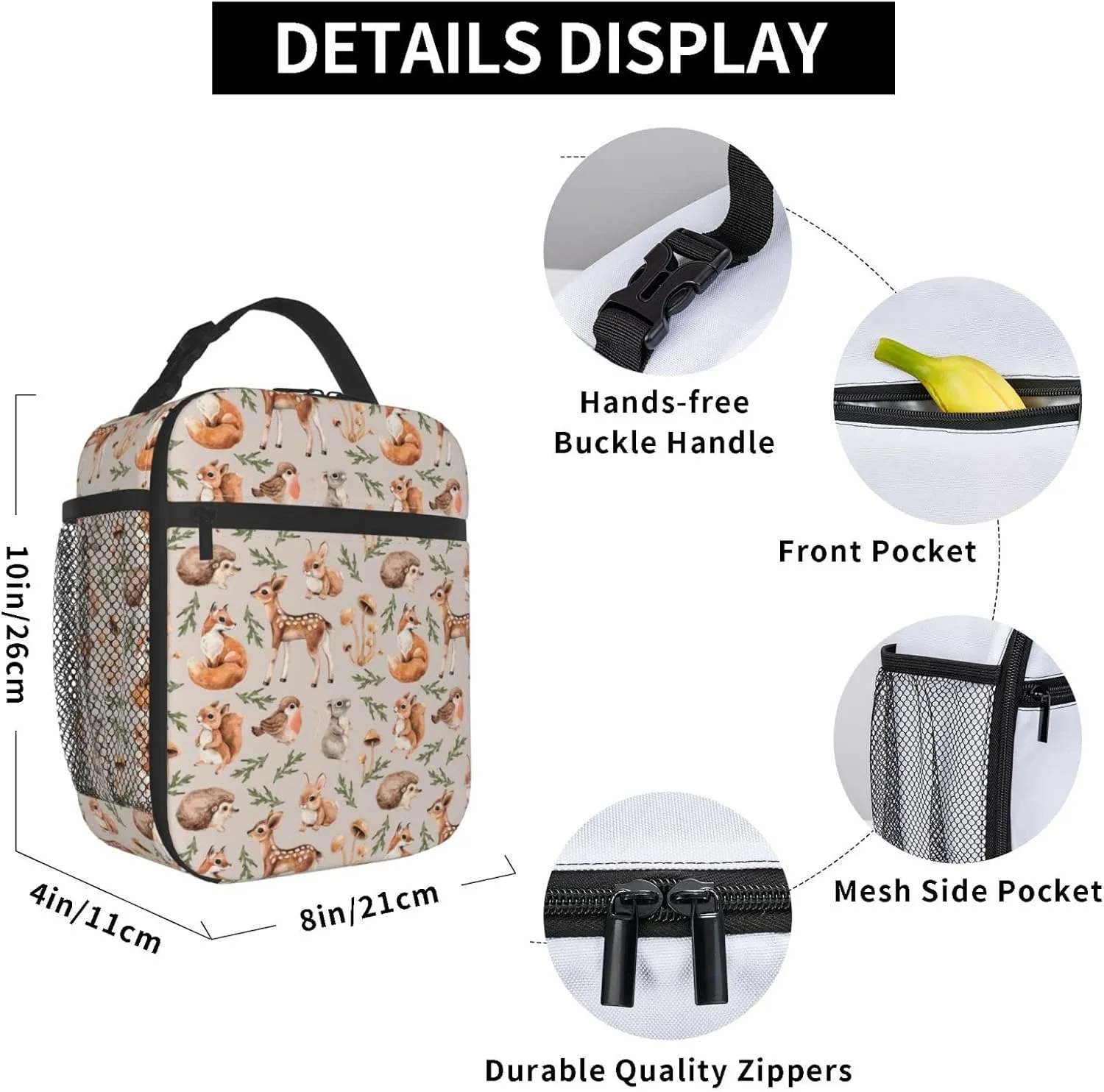 Forest Little Animals Lunch Bag Insulated Portable Reusable Deer Squirrel Fox Hedgehog And Bird Lunch Box With Zipper For Picnic Work Office Travel School