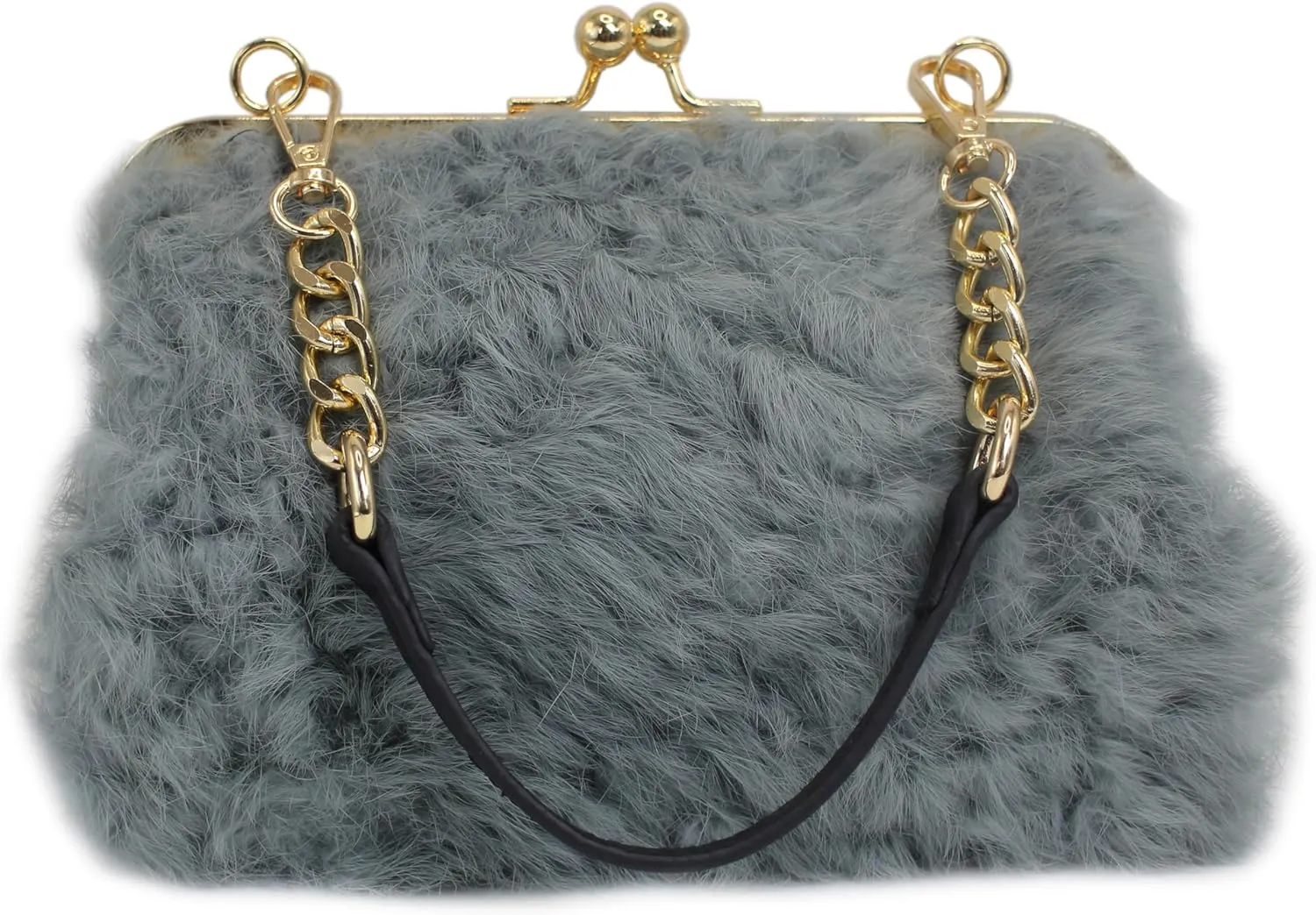 Fosrion Faux Karakul Rabbit Fur Clutch – Small Kiss Lock Purse with Short Handle and Shoulder Strap