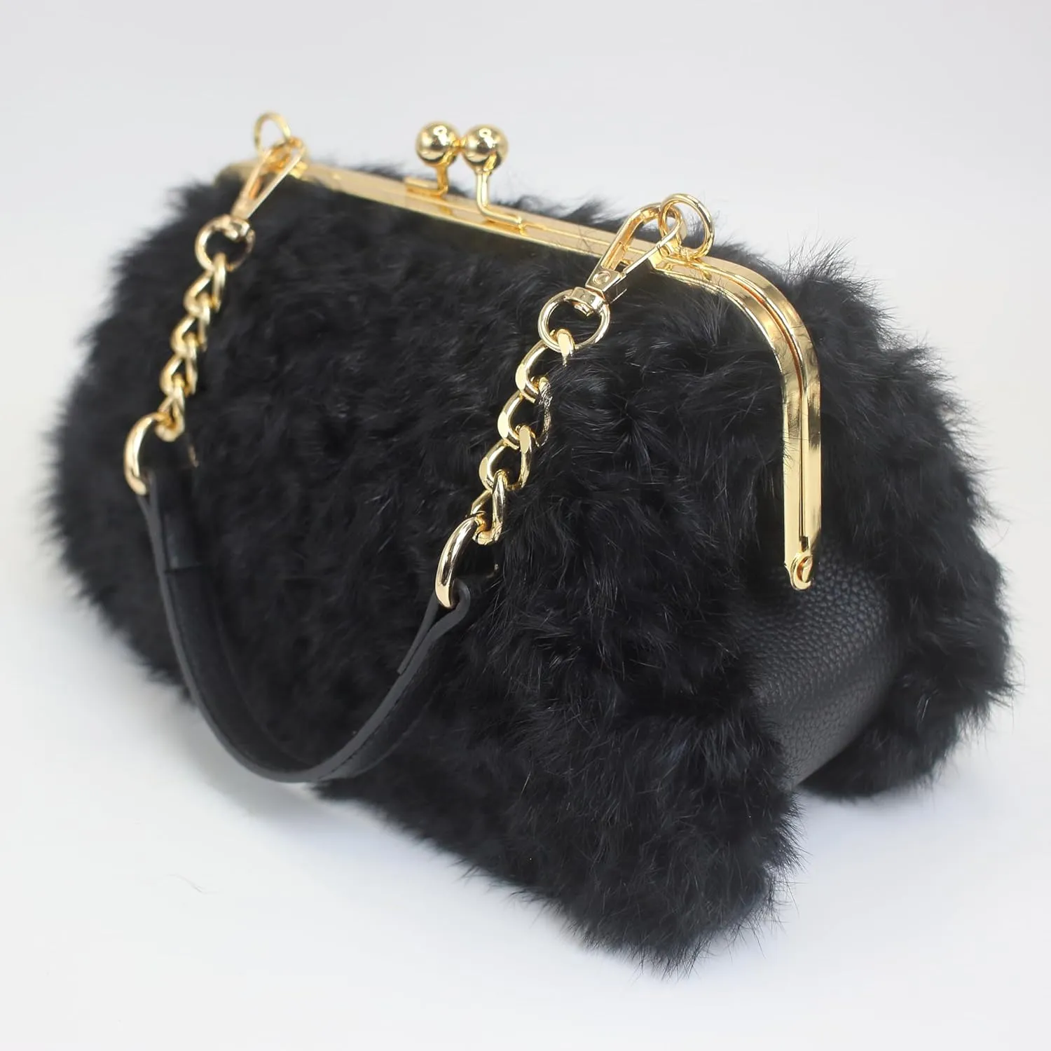 Fosrion Faux Karakul Rabbit Fur Clutch – Small Kiss Lock Purse with Short Handle and Shoulder Strap