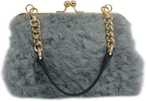 Fosrion Faux Karakul Rabbit Fur Clutch – Small Kiss Lock Purse with Short Handle and Shoulder Strap