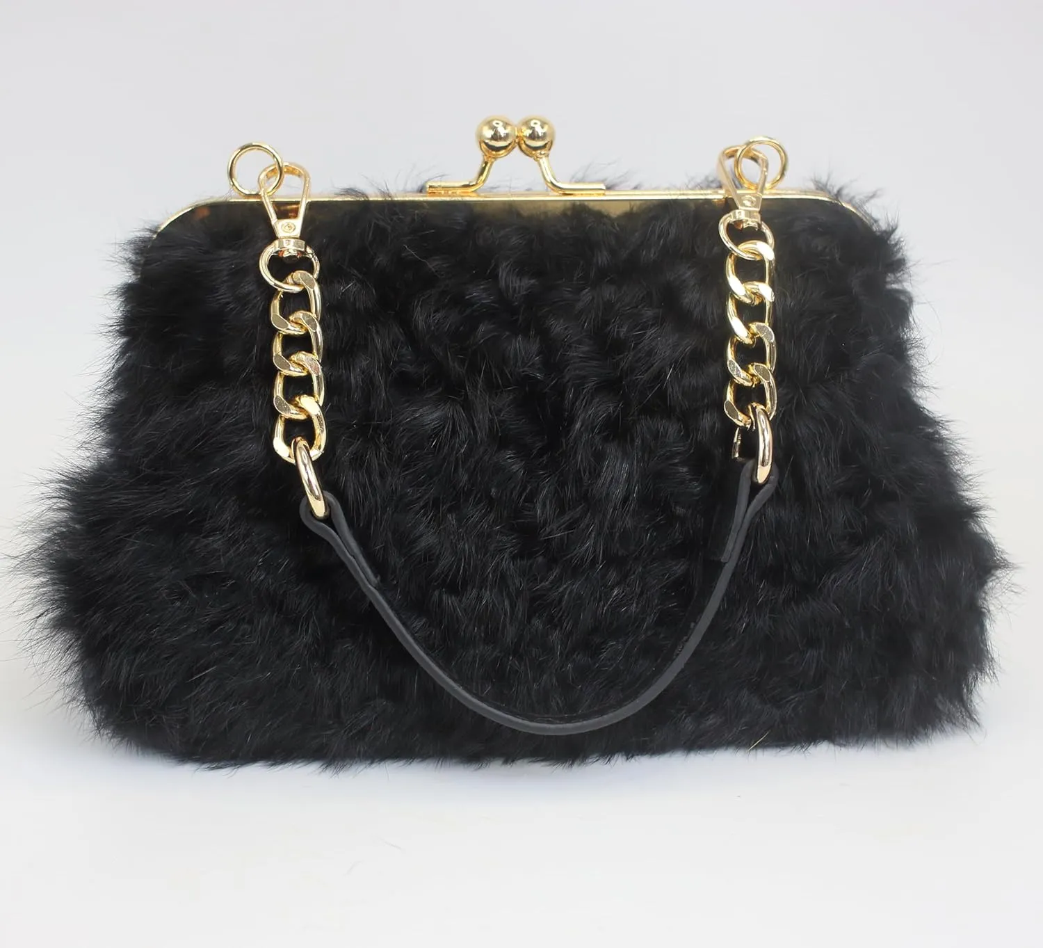 Fosrion Faux Karakul Rabbit Fur Clutch – Small Kiss Lock Purse with Short Handle and Shoulder Strap