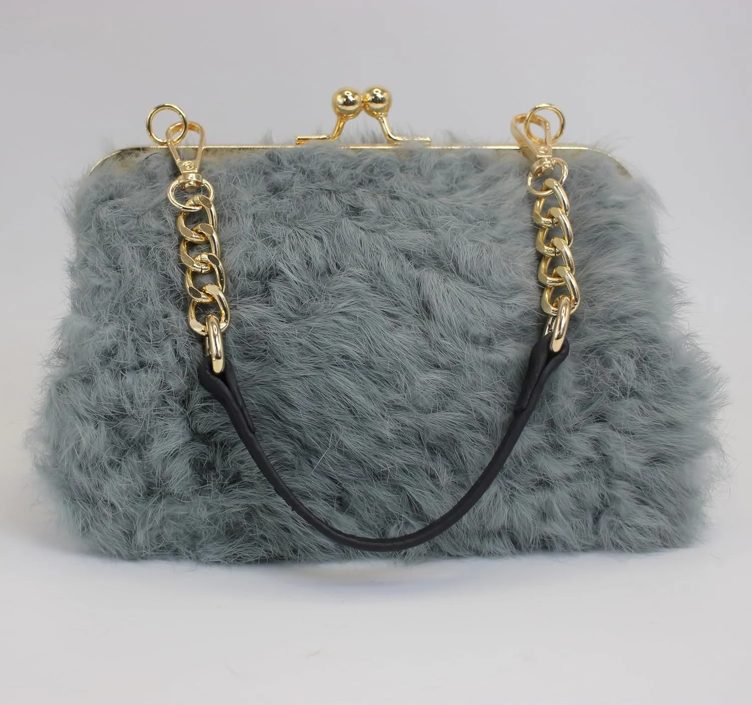 Fosrion Faux Karakul Rabbit Fur Clutch – Small Kiss Lock Purse with Short Handle and Shoulder Strap