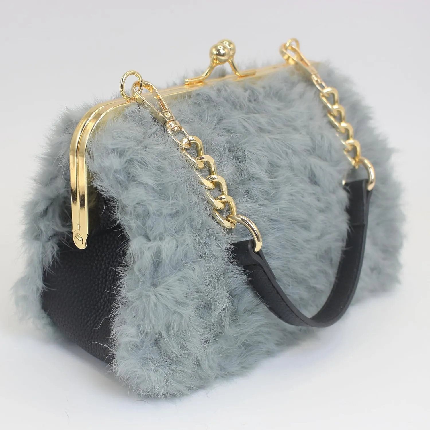 Fosrion Faux Karakul Rabbit Fur Clutch – Small Kiss Lock Purse with Short Handle and Shoulder Strap