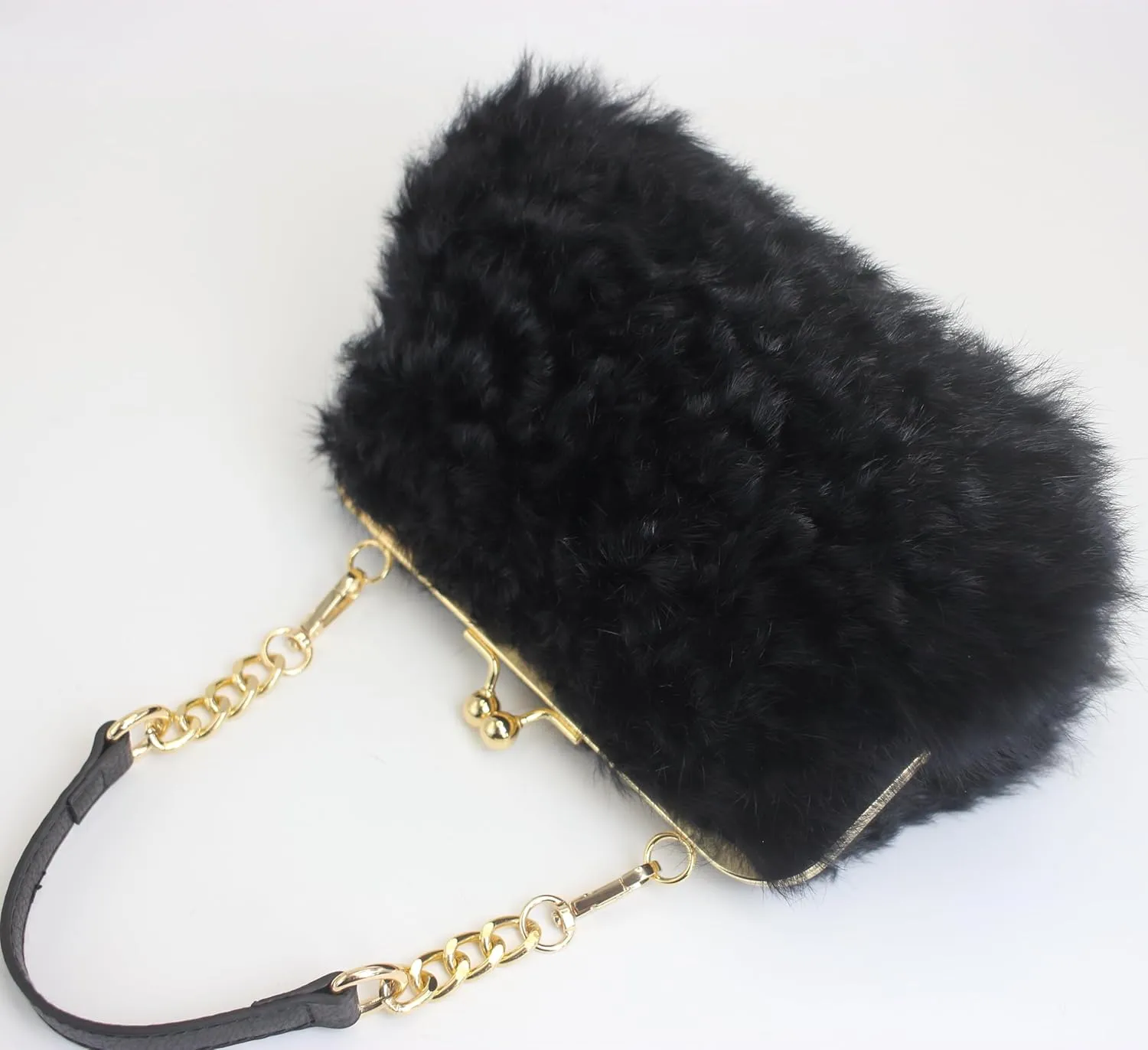 Fosrion Faux Karakul Rabbit Fur Clutch – Small Kiss Lock Purse with Short Handle and Shoulder Strap