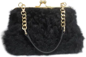 Fosrion Faux Karakul Rabbit Fur Clutch – Small Kiss Lock Purse with Short Handle and Shoulder Strap