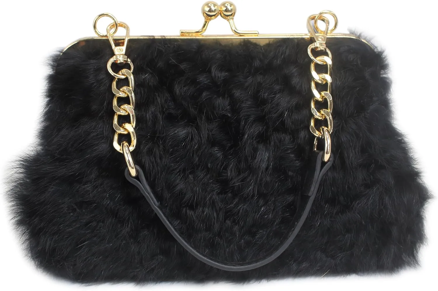 Fosrion Faux Karakul Rabbit Fur Clutch – Small Kiss Lock Purse with Short Handle and Shoulder Strap