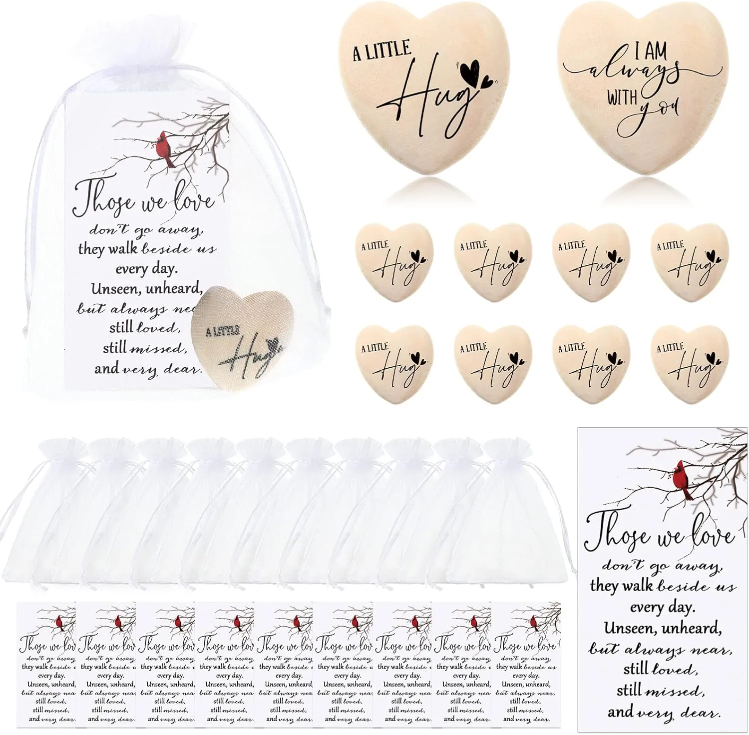 Fumete 50 Sets Funeral Favors for Guests Bulk Pocket Hug Wooden Heart Token with Red Cardinal Greeting Cards and Organza Bags Memorial Day Gifts for Church Family Celebrations of Life Favors