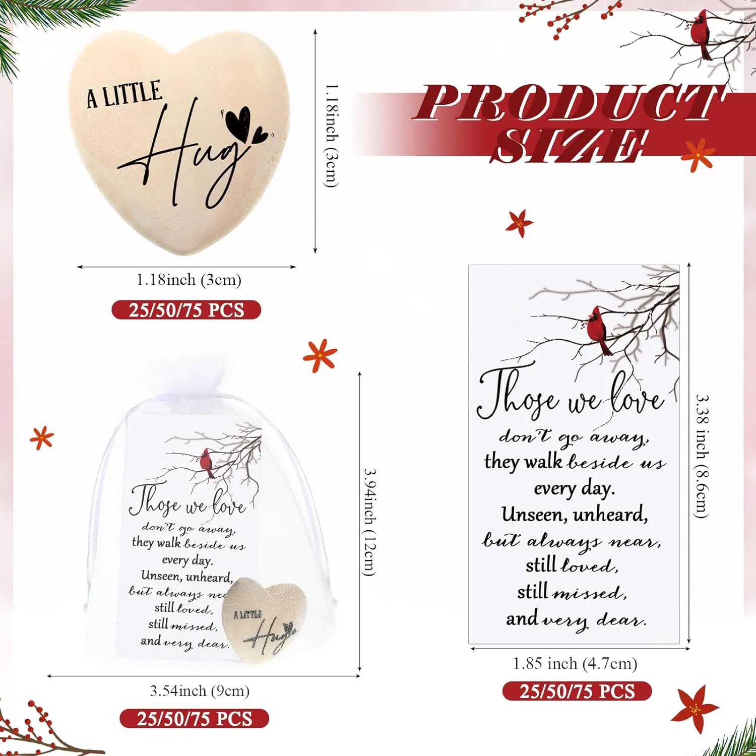 Fumete 50 Sets Funeral Favors for Guests Bulk Pocket Hug Wooden Heart Token with Red Cardinal Greeting Cards and Organza Bags Memorial Day Gifts for Church Family Celebrations of Life Favors