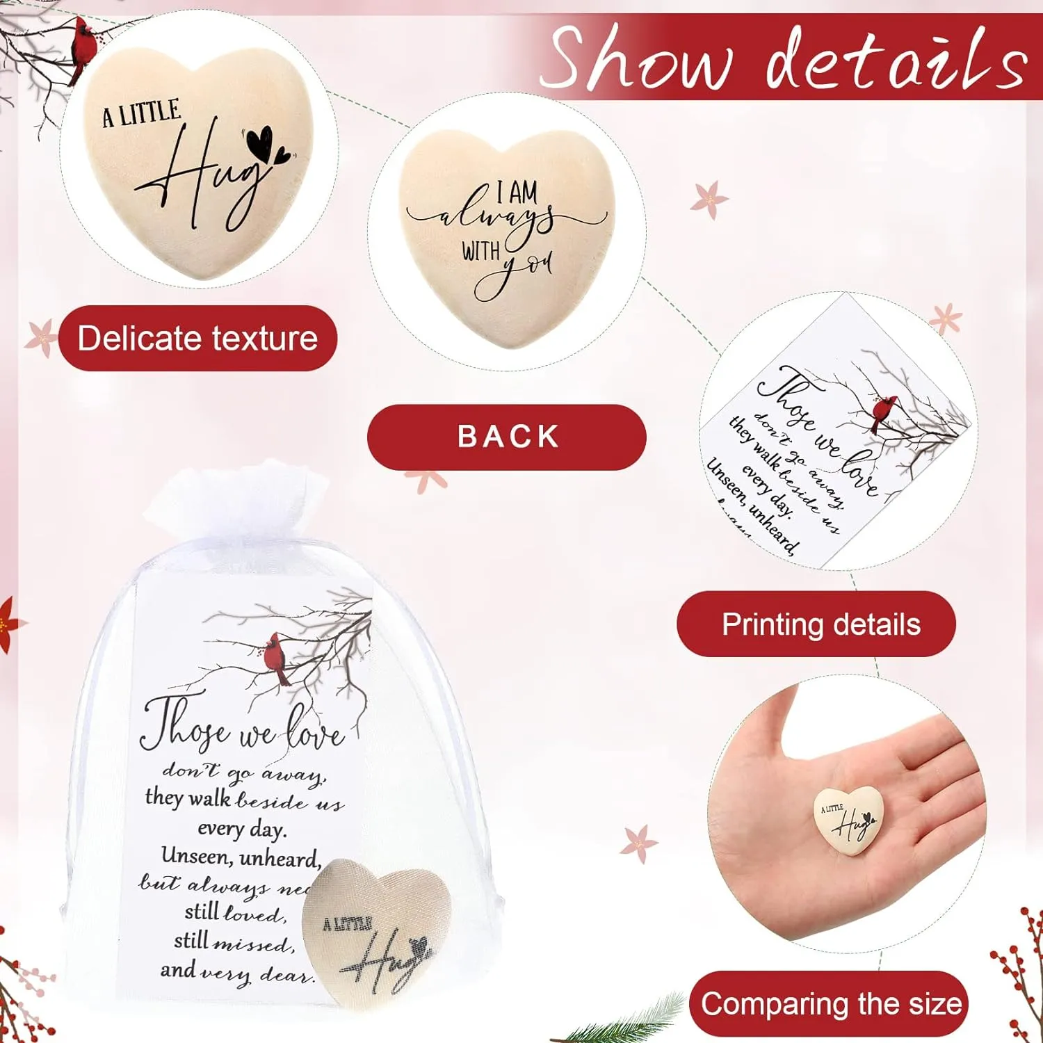 Fumete 50 Sets Funeral Favors for Guests Bulk Pocket Hug Wooden Heart Token with Red Cardinal Greeting Cards and Organza Bags Memorial Day Gifts for Church Family Celebrations of Life Favors