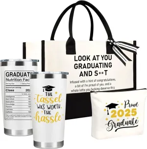 Funny Graduation Gifts for Her Him 2025 - Graduate Gift Set with Tote Bag, Tumbler, Makeup Pouch - Cool Grad Gifts for Women Men