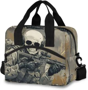 Funny Skull Soldier Insulated Lunch Bag 19 Cans Large Capacity Cooler Lunch Box Crossbody with Adjustable Detachable Strap 11.4×7.1×9.5 in