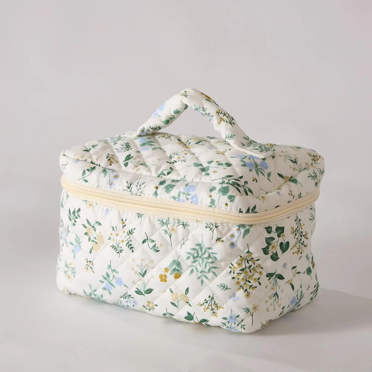 Garden Grace Floral Quilted Cotton Cosmetic Zipper Pouch, Large Capacity Makeup Accessories Storage Bag for Women Girls, Aesthetic Coquette Travel Toiletry Organizer (Set of 3)