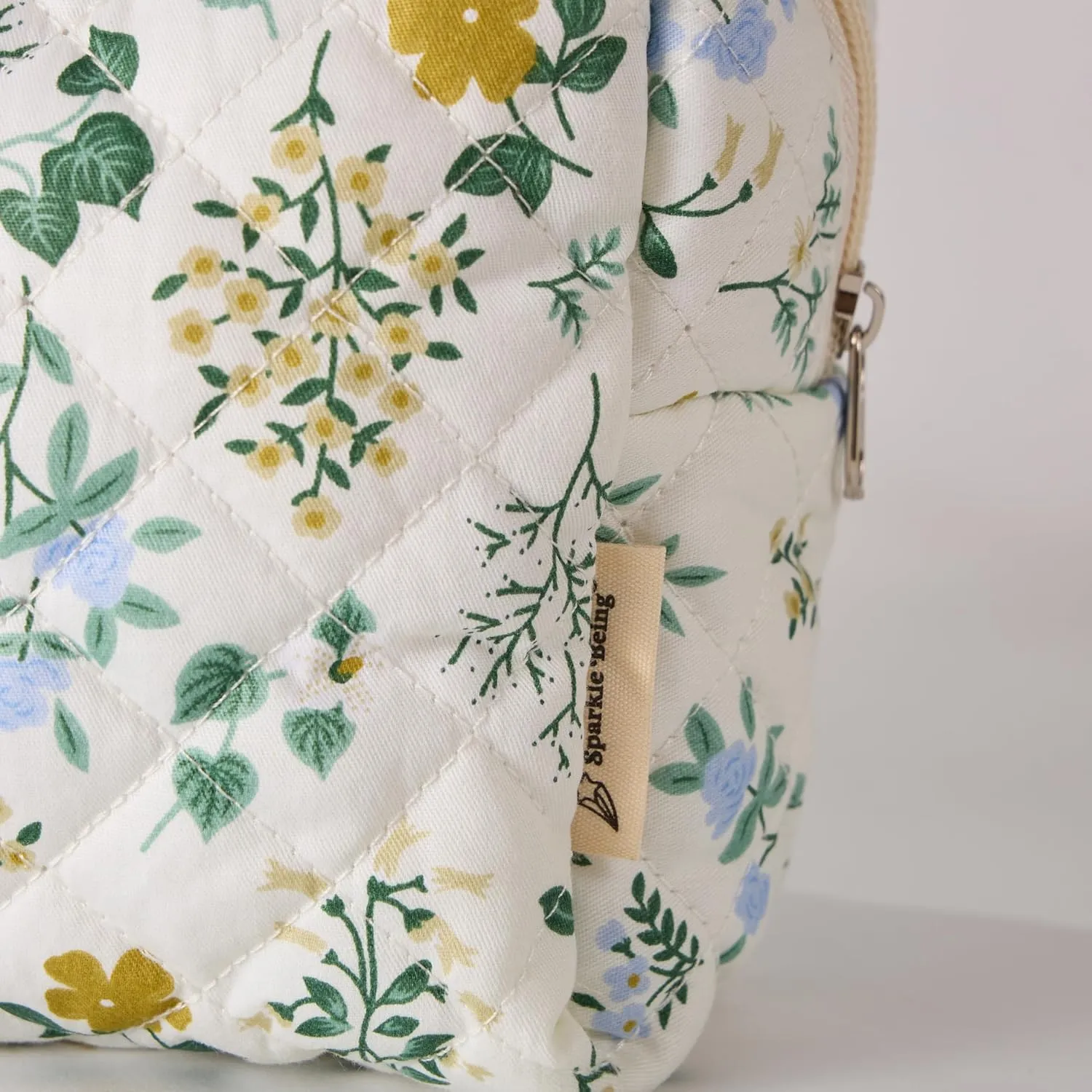 Garden Grace Floral Quilted Cotton Cosmetic Zipper Pouch, Large Capacity Makeup Accessories Storage Bag for Women Girls, Aesthetic Coquette Travel Toiletry Organizer (Set of 3)
