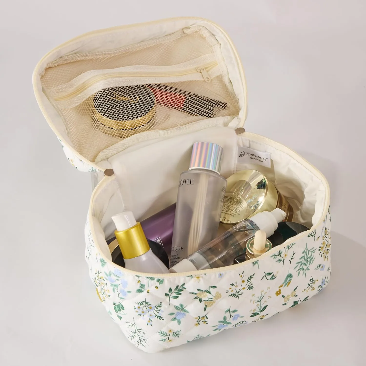 Garden Grace Floral Quilted Cotton Cosmetic Zipper Pouch, Large Capacity Makeup Accessories Storage Bag for Women Girls, Aesthetic Coquette Travel Toiletry Organizer (Set of 3)
