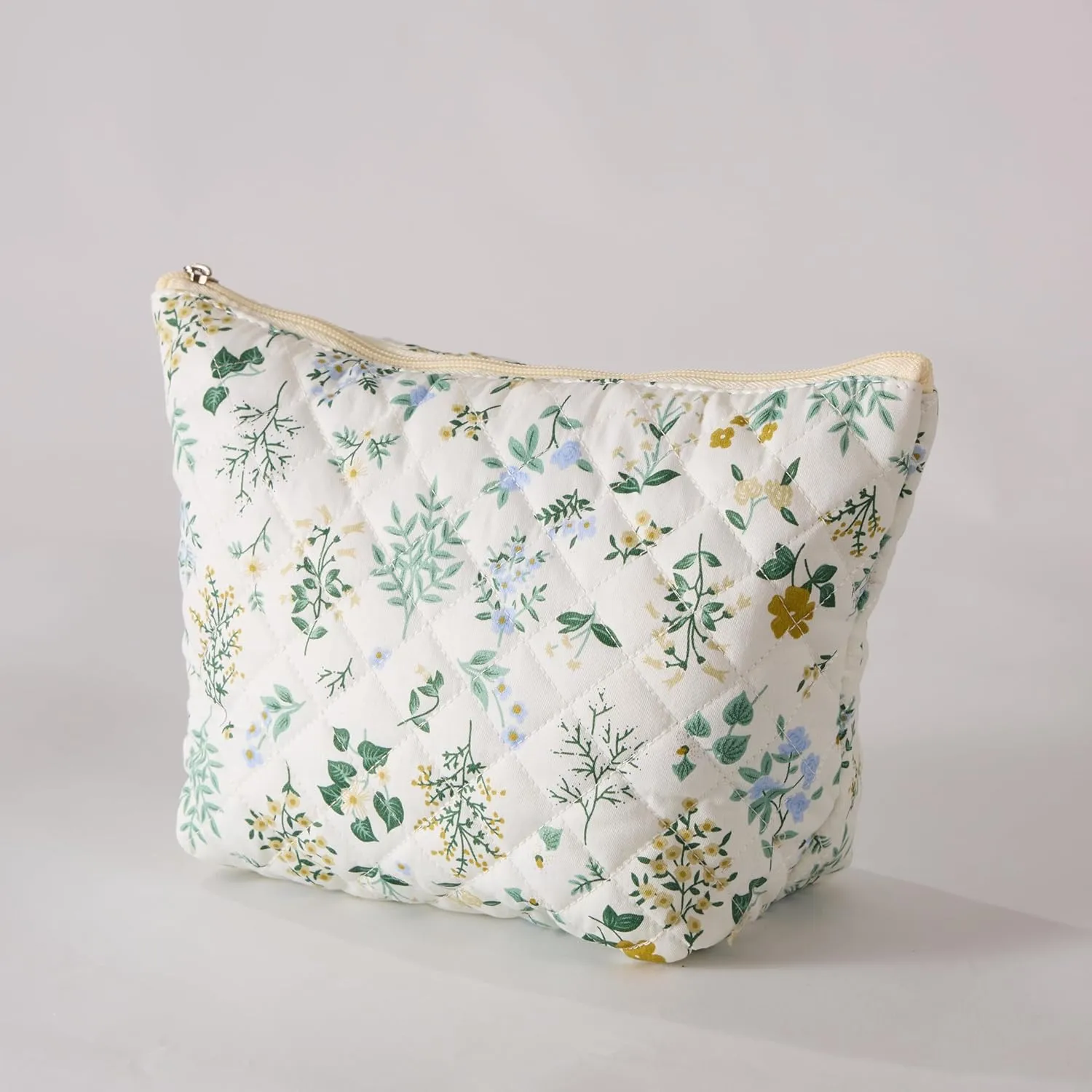 Garden Grace Floral Quilted Cotton Cosmetic Zipper Pouch, Large Capacity Makeup Accessories Storage Bag for Women Girls, Aesthetic Coquette Travel Toiletry Organizer (Set of 3)
