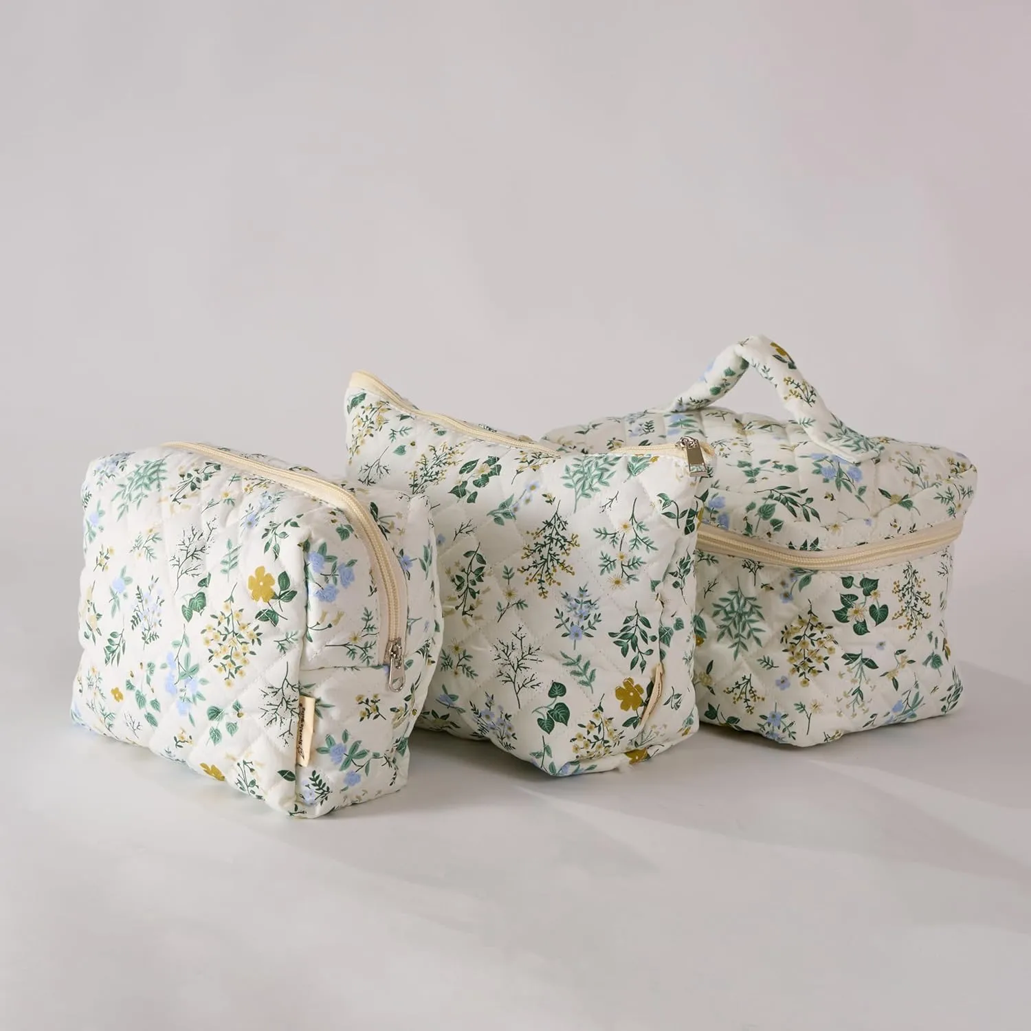 Garden Grace Floral Quilted Cotton Cosmetic Zipper Pouch, Large Capacity Makeup Accessories Storage Bag for Women Girls, Aesthetic Coquette Travel Toiletry Organizer (Set of 3)