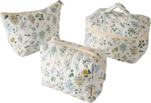 Garden Grace Floral Quilted Cotton Cosmetic Zipper Pouch, Large Capacity Makeup Accessories Storage Bag for Women Girls, Aesthetic Coquette Travel Toiletry Organizer (Set of 3)