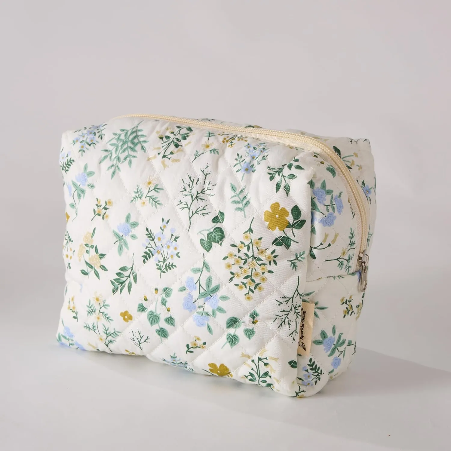 Garden Grace Floral Quilted Cotton Cosmetic Zipper Pouch, Large Capacity Makeup Accessories Storage Bag for Women Girls, Aesthetic Coquette Travel Toiletry Organizer (Set of 3)