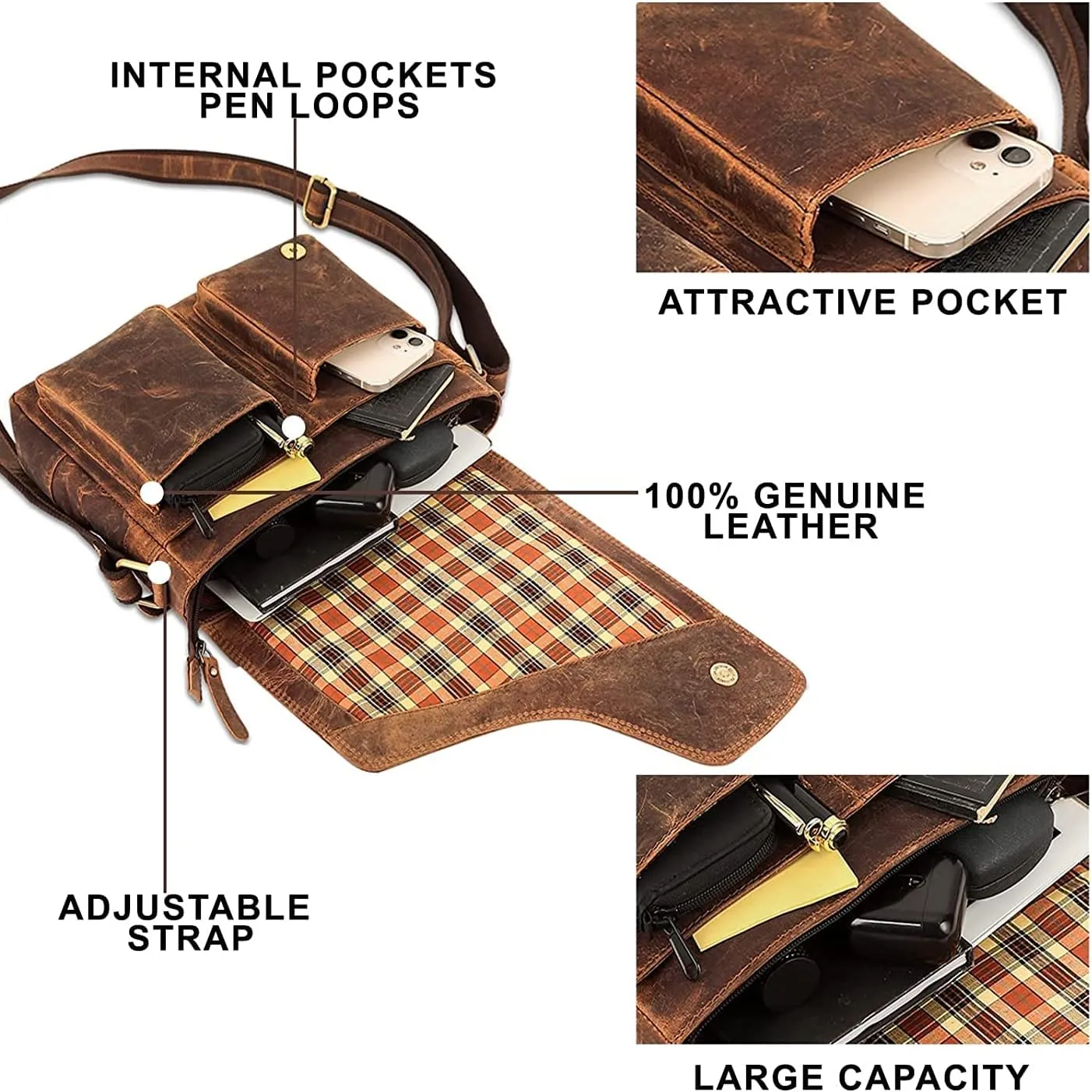 Genuine Leather Messenger Bag, Sling Bag Crossbody Shoulder Bags for Travel Work Business Men Women