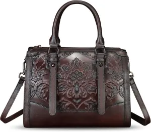 Genuine Leather Purses and Handbags for Women Vintage Embossed Leather Satchel Bags Crossbody Shoulder Bag Strap