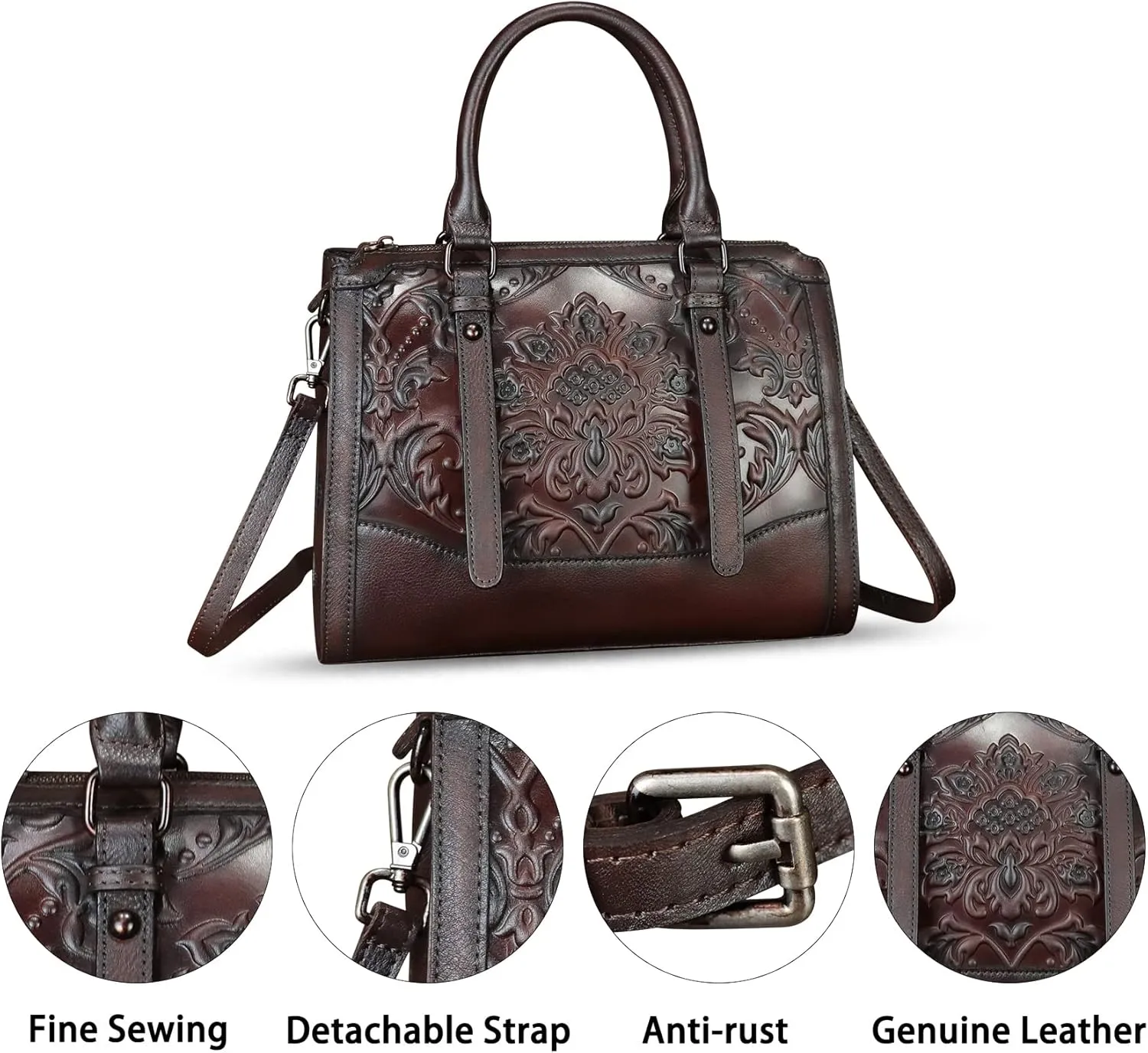 Genuine Leather Purses and Handbags for Women Vintage Embossed Leather Satchel Bags Crossbody Shoulder Bag Strap