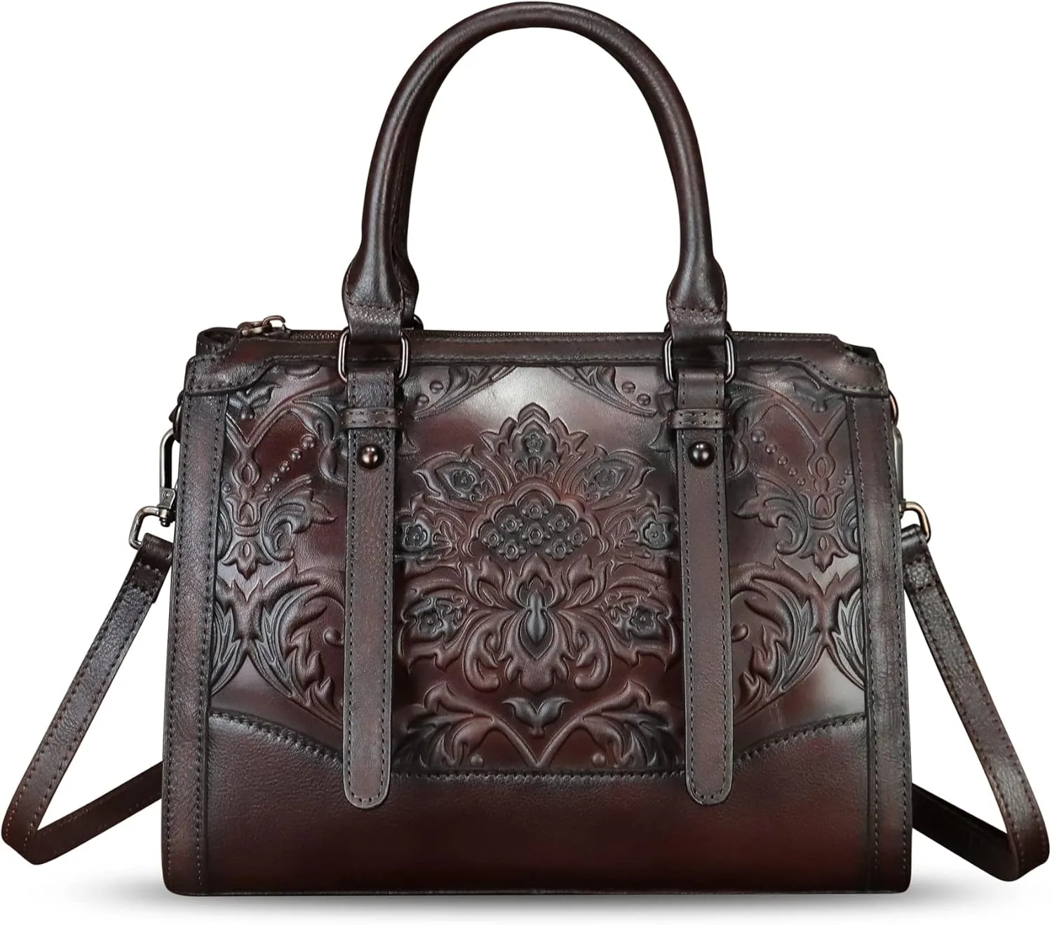 Genuine Leather Purses and Handbags for Women Vintage Embossed Leather Satchel Bags Crossbody Shoulder Bag Strap