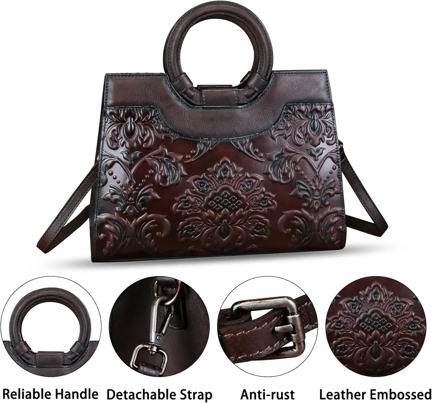 Genuine Leather Purses and Handbags for Women Vintage Embossed Leather Top Handle Satchel Bags Crossbody Shoulder Bag Strap