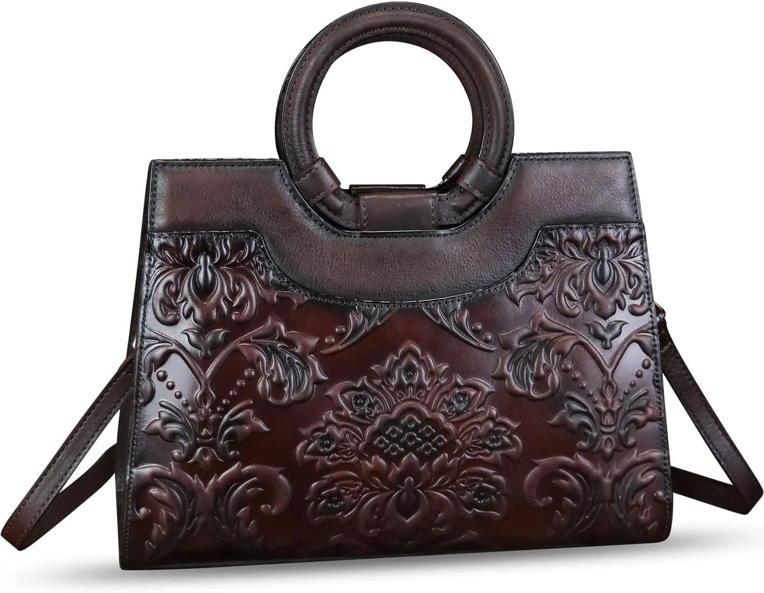 Genuine Leather Purses and Handbags for Women Vintage Embossed Leather Top Handle Satchel Bags Crossbody Shoulder Bag Strap