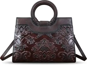 Genuine Leather Purses and Handbags for Women Vintage Embossed Leather Top Handle Satchel Bags Crossbody Shoulder Bag Strap