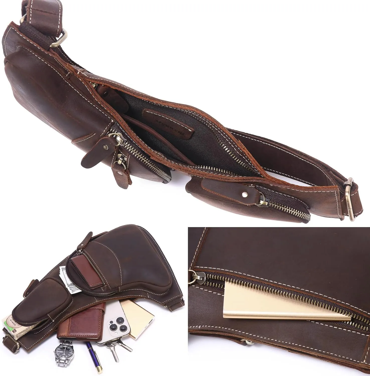 Genuine Leather Sling Bag for Men Women Backpack Chest Shoulder Satchel Crossbody Bags Casual Outdoor Daypack