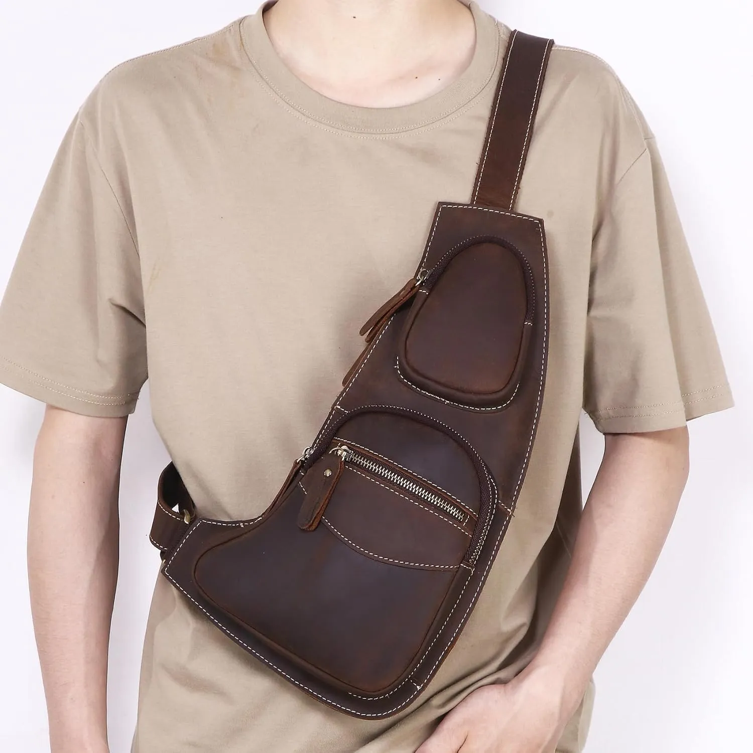 Genuine Leather Sling Bag for Men Women Backpack Chest Shoulder Satchel Crossbody Bags Casual Outdoor Daypack